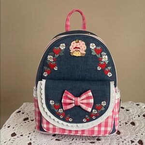 Loungefly Strawberry Shortcake Cute Denim Pink Gingham Bow Bag/Backpack NWT